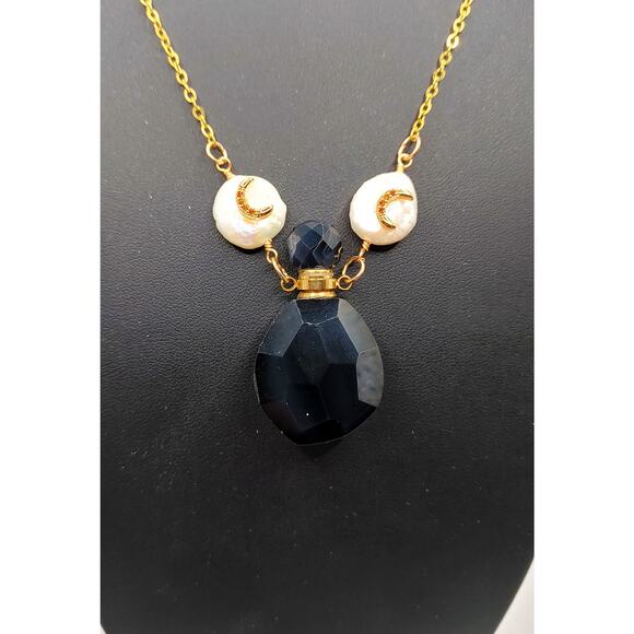 New Solid Black Onyx Bottle Necklace with Pearl and Moon - Picture 1 of 3